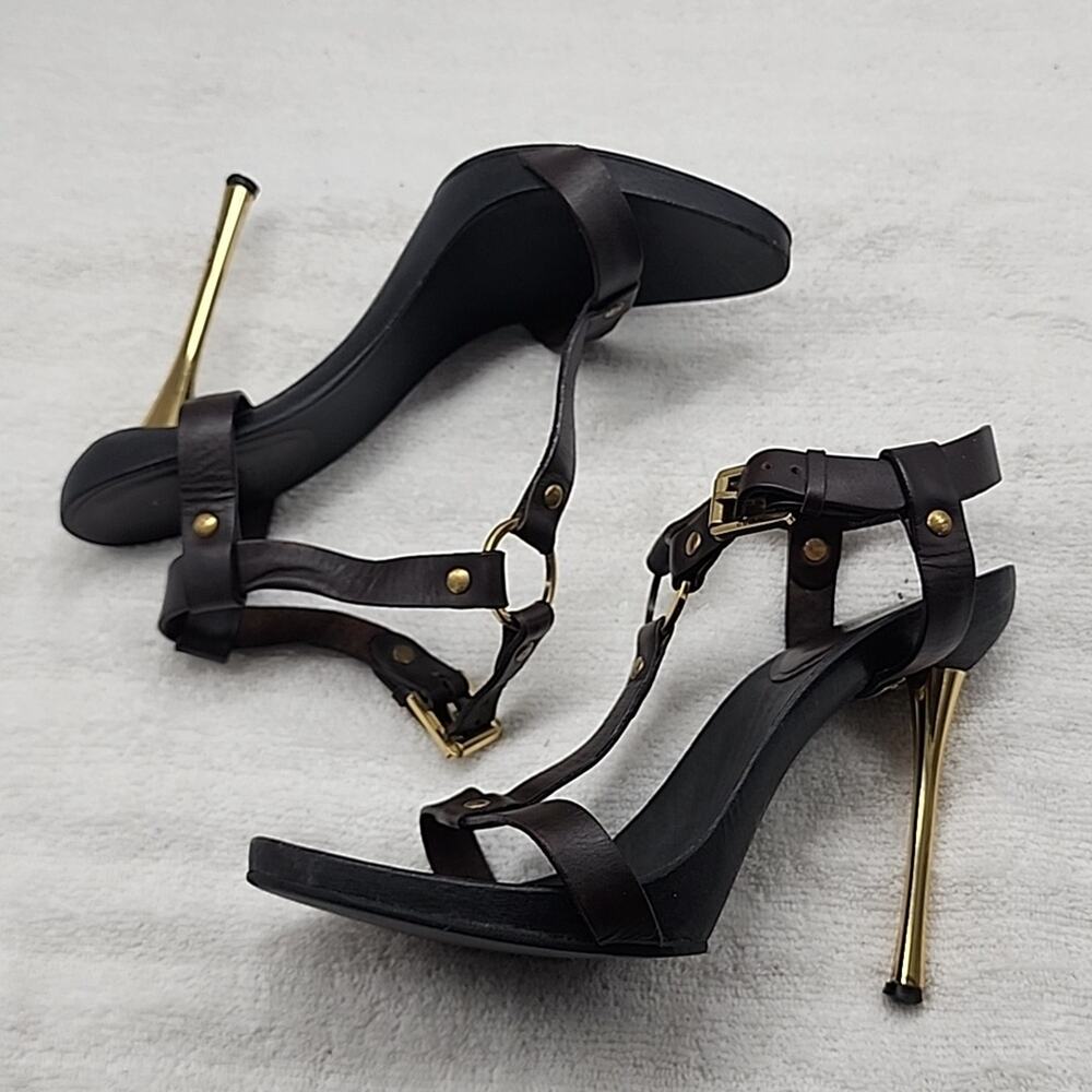 GUCCI KYLIE VINTAGE STILLETOS WOODEN PLATFORM LEATHER T-STRAP HEELS 7.5 GUC - Picture 13 of 16